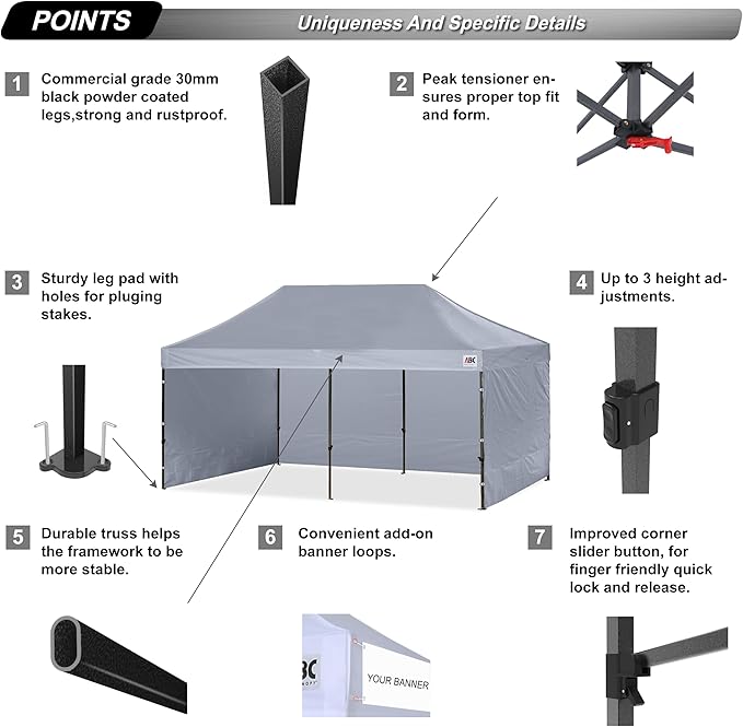 ABCCANOPY Heavy Duty Easy Pop up Canopy Tent with Sidewalls 10x20, Gray