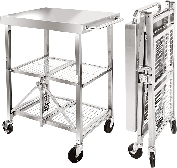 3 Tired Folding Grill Cart, Metal Pizza Oven Stand Table with 2 Total Lock Casters, Stainless Steel Outdoor Rolling Cart with Wheels for Home Party, Bar, Camping