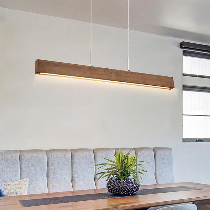EDISLIVE Wood Linear LED Pendant Light Dimmable LED Chandelier 41.3 in Adjustable Linear Hanging Light Fixture 3000K 20W Island Light for Dinning Room Kitchen