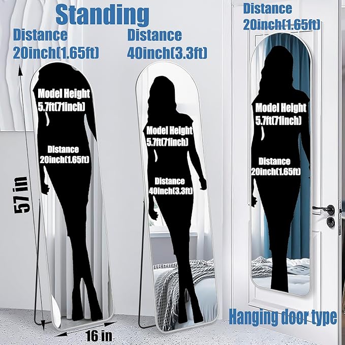 57x16 Door Hanging Full Length Mirror, Floor Stand (Height 5.7ft just Body in1.3ft) / Wall Mounted Metal Frame Arch Dressing Mirrors for Bedroom Living Room 57 inch Silver