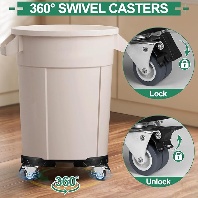 ToLanbbt Trash Can Dolly with Wheels, 15-19 in Adjustable Round Furniture Dolly, Heavy Duty 440 LBS Drum Rolling Base, Keg Dolly for 20, 32, 44, 55 Gallon Garbage Cans, Black, 1 Pack