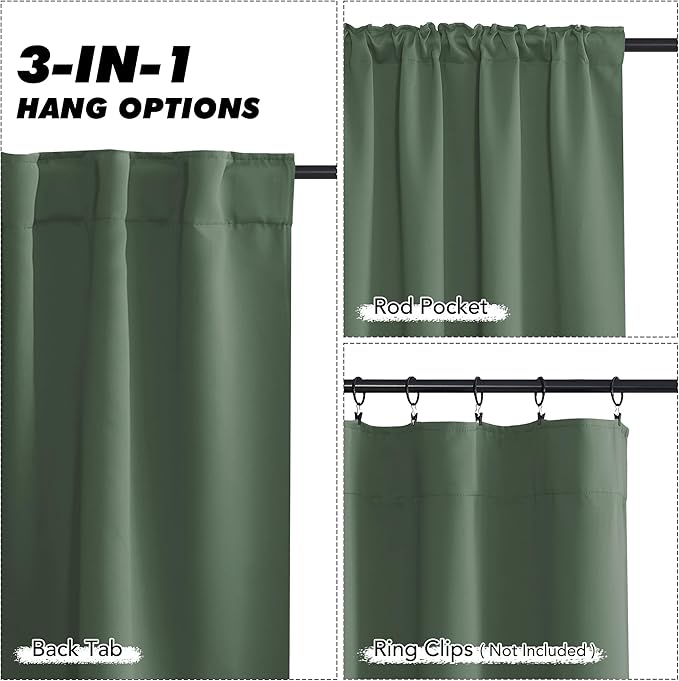 KGORGE Room Darkening Curtains 54 inch Length, Privacy Thermal Insulated Noise Reducing Small Window Treatments for Bedroom Living Room, Back Tab, 2 Panels, W52 x L54 inches, Dark Green