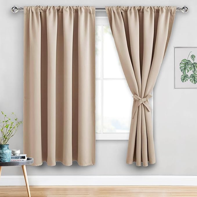JIUZHEN Blackout Curtains for Bedroom - 70 x 63 Inch Extra Wide Privacy Assured Thermal Insulated Room Darkening Sliding Door Curtains for Living Room, Set of 2 Panels with Tiebacks, Beige
