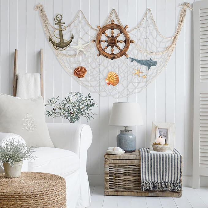 2 Pack Fish Net Decorations - 80x40 Inch Beige Fishing Net Decor for Under The Sea Hawaiian Beach Themed Party, 3mm Natural Cotton Versatile Nautical Netting for Wall Table Ceiling Halloween Decor