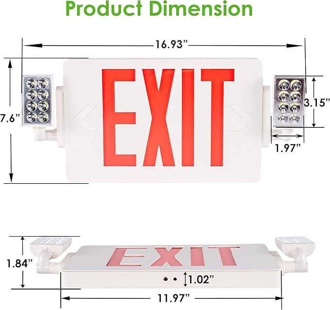 Gruenlich LED Combo Exit Sign, Emergency Light with 2 Adjustable Heads and Double Face, Back Up Batteries- US Standard Red Letter EXIT, UL 924 Qualified, 120-277 Voltage, 2-Pack