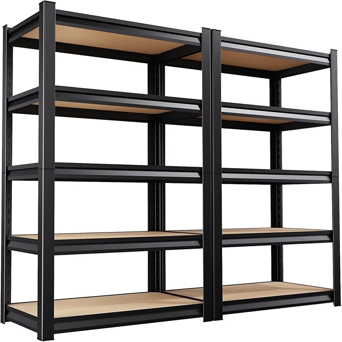 72”H*46”W Garage Shelving Heavy Duty Storage Shelves, 5-Tier Metal Adjustable Shelving Unit 2500LBS Utility Garage Organizer Shelf Rack for Pantry, Kitchen, Warehouse, Black, 2 Pack