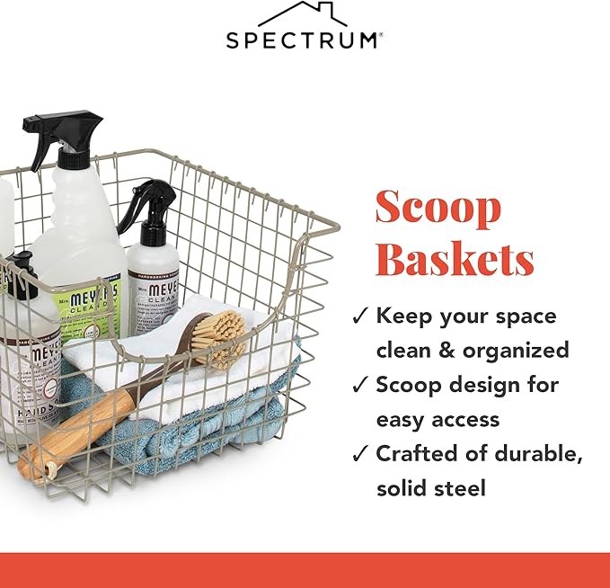 Spectrum Diversified 98977 Scoop Wire Basket, Vintage-Inspired Steel Storage Solution for Kitchen, Pantry, Closet, Bathroom, Craft Room & Garage, Single, Satin Nickel