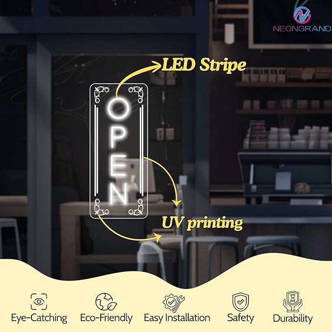 Vertical LED Open Signs for business – Super Bright - UV Printing Pattern, Remote Included - Large Size 10x24'' - Neon Open Sign for Café, Bar, Shop & Business Sign (White)