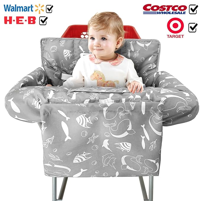 2-in-1 Shopping Cart and High Chair Cover for Baby, Padded Cover, Fold'n Roll Style, Portable with Carry Bag (Gray Seaworld)