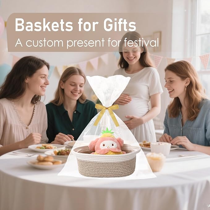 Woven Basket,Small Rope Storage Bin with Handles & Ribbon Bag, Organizer for Shelves Closets,Gift Basket Empty for Birthday,Books,Dog Toys, White&Oatmeal/2 Pack