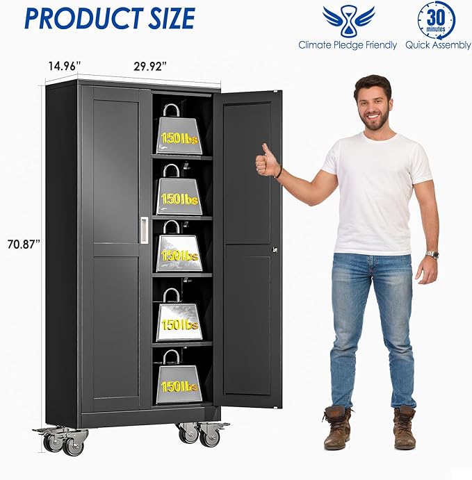 Metal Garage Storage Cabinet with Lock, Steel Tool Cabinet with 2 Door and 4 Adjustable Shelves, 71” Tall Lockable File Cabinet with Wheels, Rolling Cabinet for Home Office Garage Gym - Black