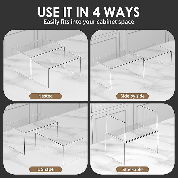 Acrylic Cabinet Shelf Riser Set of 4, Heavy-Duty Kitchen Organizers with Non-Slip Pads, Clear Countertop Spice Shelves for Pantry Storage & Cabinet Decor