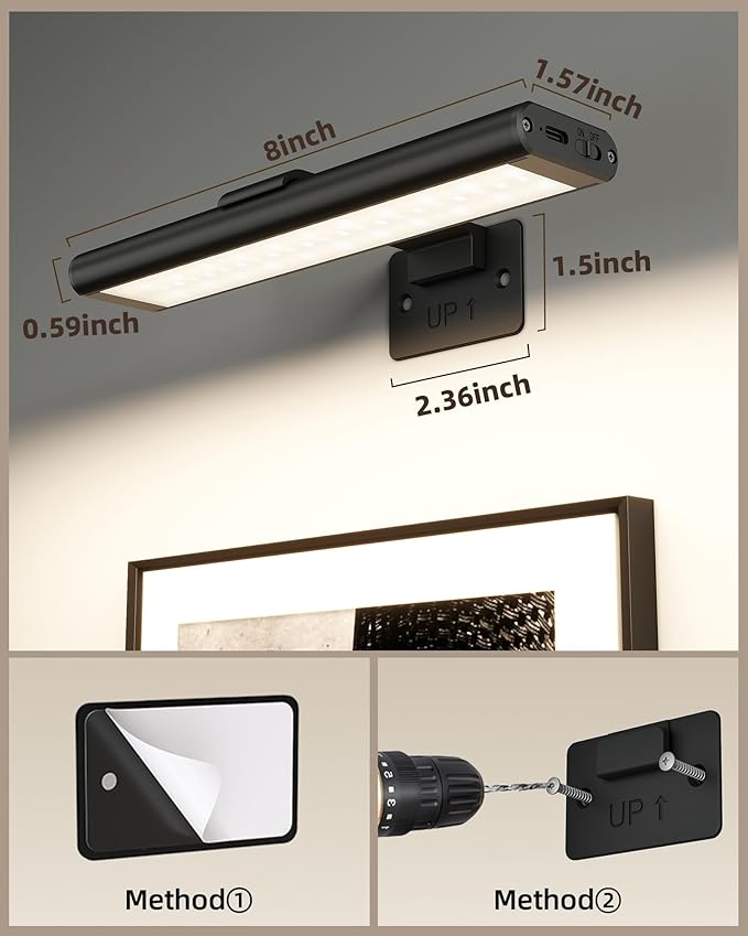 EZVALO Picture Light for Wall, Rechargeable 2400mAh Battery Lights Wireless Remote, 3 Color & Dimmable Magnetic 8'' LED Lights Display for Painting, Living Room, Gallery, Bedroom, Dashboard(Black-2P)