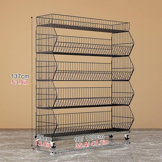 Commercial Supermarket Display Cart - 5-Tier Industrial Slanted Rolling Shelves Metal Storage Rack for Retail Store, Warehouse & Home Use, 66LBs/Tier Tool-Free Setup