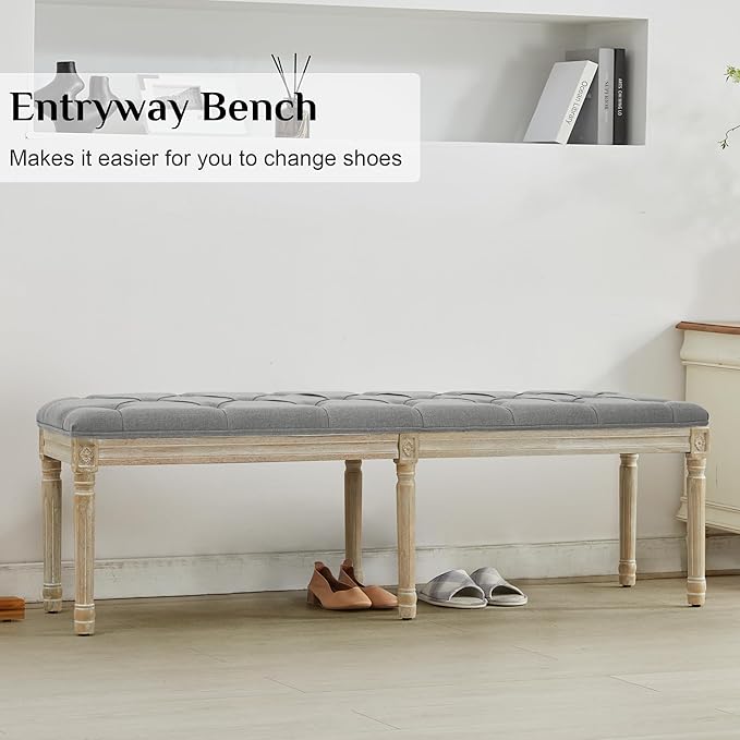 LOULENS 57.7" Linen Fabric End of Bed Bench, French Upholstered Button Tufted Bench for Bedroom End of Bed, Window Seat with Carved Wood Legs for Bedroom, Living Room, Entryway, Light Grey