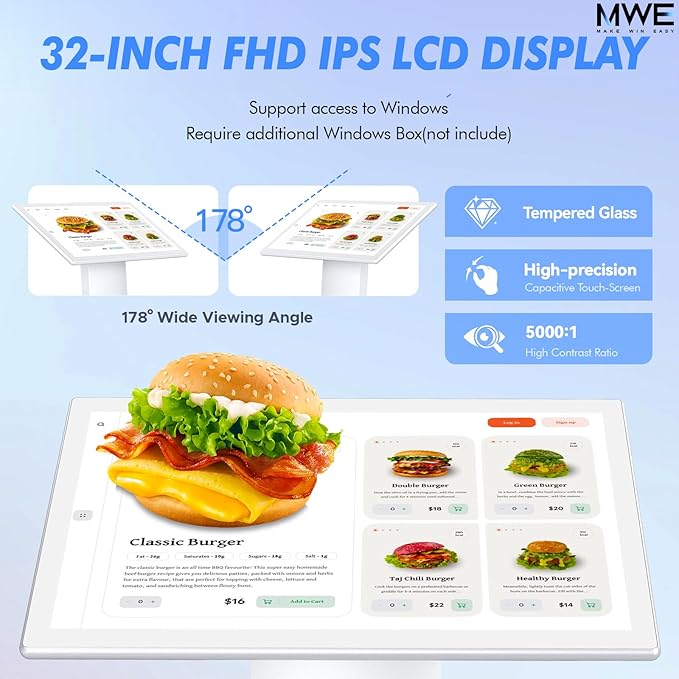 MWE 32 Inch Touch-screen Self Service Kiosk, Floor Standing Digital Signage Display, FHD Information Kiosk, 2 Speakers, Interactive Display for Mall Navigation/Self-Ordering/Advertising/Retail Store