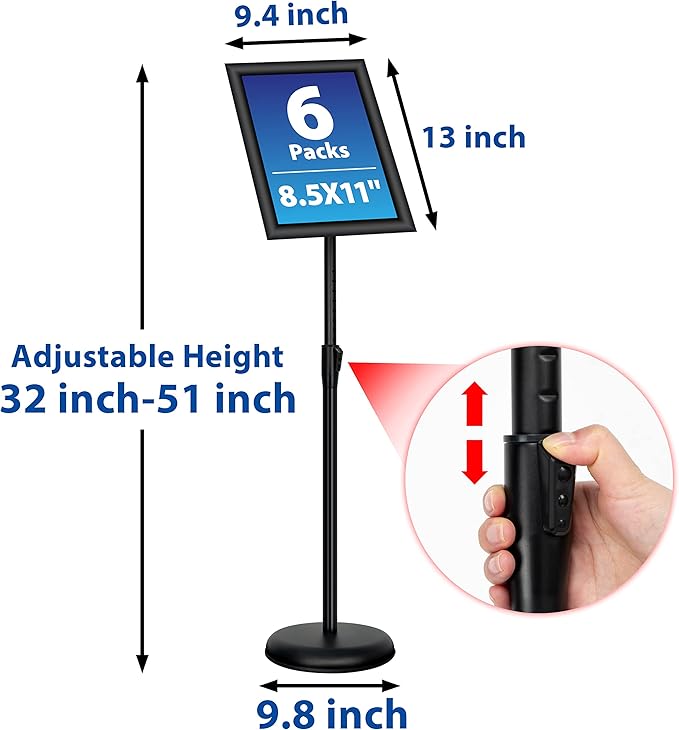 6Packs 8.5x11 Inch Adjustable Pedestal Poster Sign Stand, Heavy Duty Floor Standing Sign Holder Stand Aluminum Snap Open Frame for Vertical and Horizontal View Sign Displayed(Black)