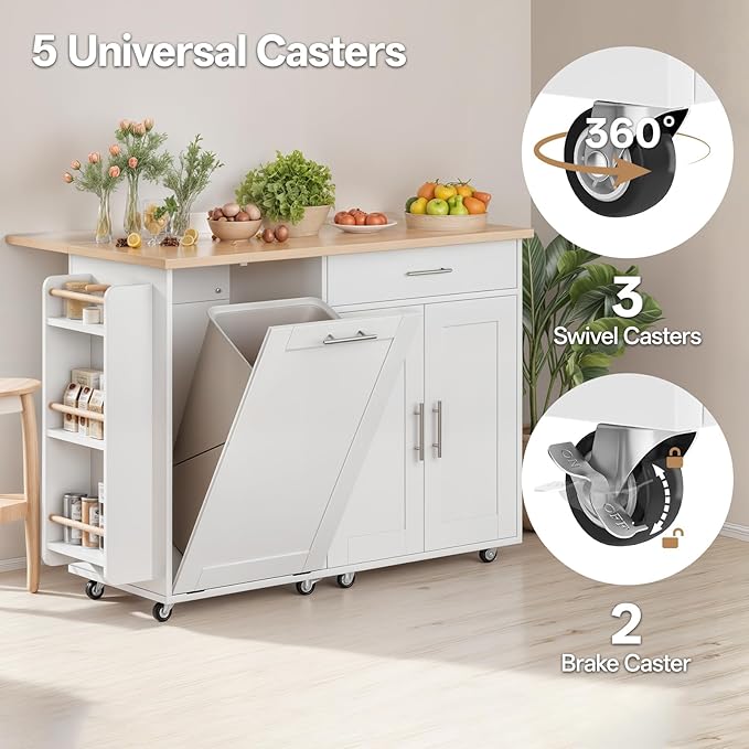 53.9" Rolling Kitchen Island Cart with Drop Leaf & Storage - Mobile Kitchen Organizer with Wheels, Rubberwood Top, Trash Bin Cabinet & Towel Rack, White Farmhouse Style for Small Spaces