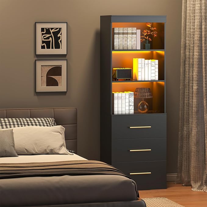 Winkalon 71“H Black Bookshelf with LED Light, Bookcase and Bookshelf with Drawers, Tall Bookcase Tall Storage Cabinet 3-Tier Open Shelves for Home Office Living Room Bedroom, 15.8"D x 23.6"W x 70.9"H