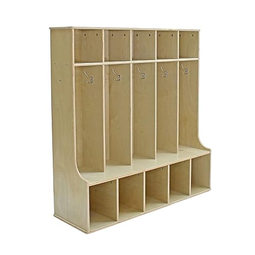 Factory Direct Partners Birch 5-Section Coat Locker with Bench, 10 Storage Cubbies and Coat Hooks; Durable, Sturdy Furniture for Home, Daycare, Preschool, Montessori Classroom
