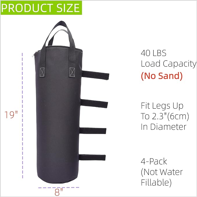 160 LBS Extra Large Sand Bags for Canopy Legs (Without Sand), Zipper Top Sandbags for Weight Set of 4 (Black)