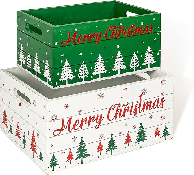 Red Co. Set of 2 White and Green Decorative Nesting Wooden Merry Christmas Storage Crate Organizers with Red Lettering