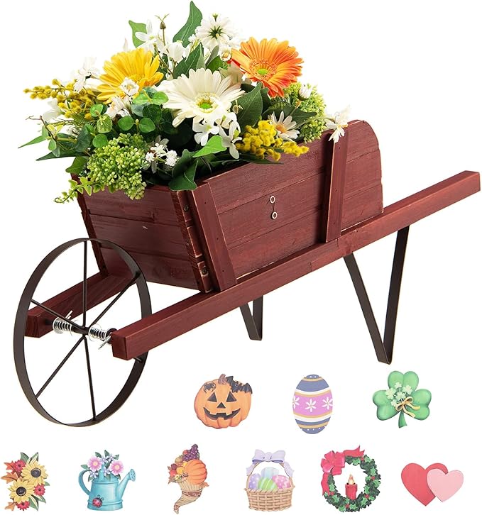 Wooden Wagon Planter, Flower Cart Display Stand w/Metal Wheels & Removable Magnetic Decoration, Wagon Decorative Garden Planter for Plants & Seasonal Displays, Pine Wood (Red)