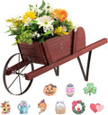 Wooden Wagon Planter, Flower Cart Display Stand w/Metal Wheels & Removable Magnetic Decoration, Wagon Decorative Garden Planter for Plants & Seasonal Displays, Pine Wood (Red)