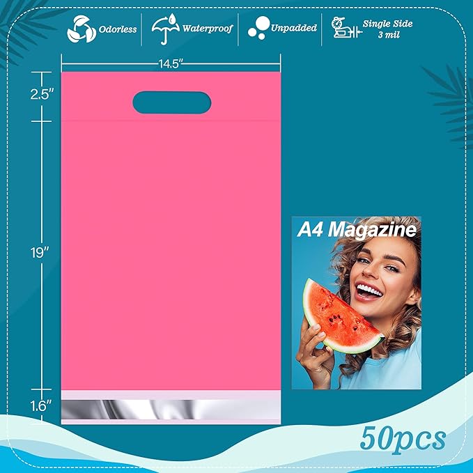 JinRuiKJ Poly Mailers with Handle 14.5x19 Inch 50 Pcs, Easy to Carry Packaging Bags for Small Business, Thank You Shipping Bags with Self Adhesive Strip, Tearproof and Waterproof - Pink