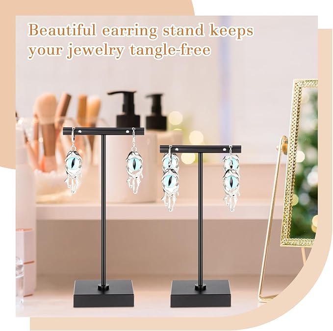 Kigeli 6 Pack Metal T Bar Earring Display Stand Retail Earring Display Holder Detachable Metal Earring Display Storage Rack Jewelry Photography Prop, Square Base, Height 4.3" and 5.1" (Black)