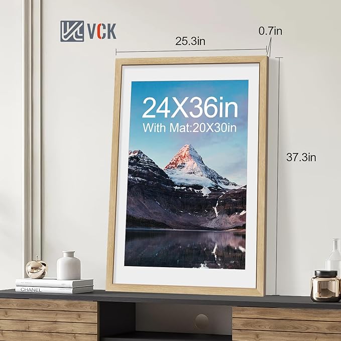 VCK 24x36 Poster Frame 2 Pack - Natural Oak, High-End Wood Picture Frames with Polished Plexiglass, Display 20x30 Photo with Mat or 24x36 without Mat, Art Gallery-Quality, Wall Hanging, Natural Oak