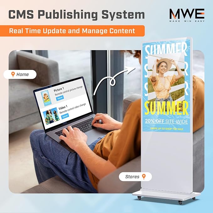 MWE 65 Inch 4K Digital Signage Display Kiosk, Indoor Floor Standing Advertising Display Poster, LCD Commercial Display with Auto Media Player, Android System, HDMI/USB/WiFi, White
