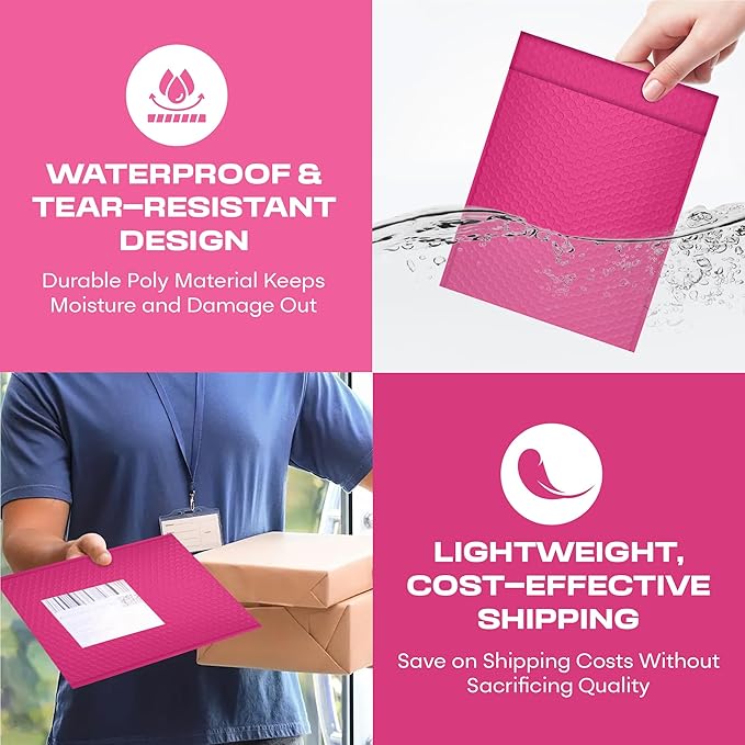 Hot Pink10.5x16 Inch Large Poly Bubble Mailers #5 | Padded Envelopes with Self Seal | Air Lined Cushioned Bubble Mailer | Usable Size 10.5x15 | 100 Pack Bulk | Lightweight shipping Bags
