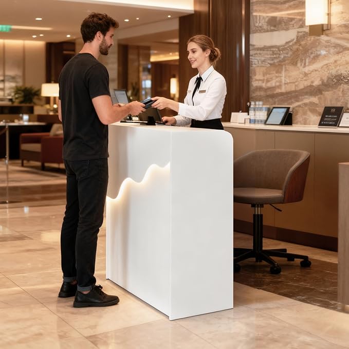 Small Reception Desk with Counter LED Light, Modern Front Desk with Lockable Drawer, White Retail Checkout Counter for Clothing Store Lobby Beauty Salon (White, 37.8x23.6x15.7in)