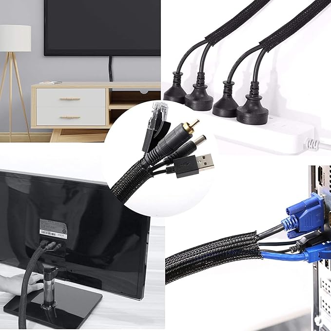 3/8" 50ft Braided Cable Sleeve Split Wire Loom Tubing – Expandable Cord Protector for USB, Power Cords, Audio/Video Cables – Cat Chew Proof, Durable Wire Management Sleeving (Black)