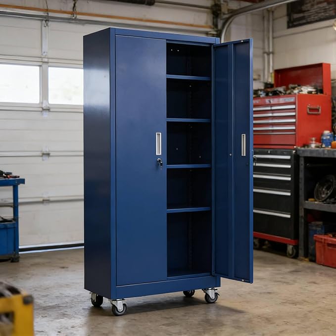 VINGLI Rolling Metal Storage Cabinet with Adjustable Shelves, 71'' Tall Garage Storage Cabinet with Wheels, Locking Tool Cabinets for Home Office Garage Gym School (Blue)