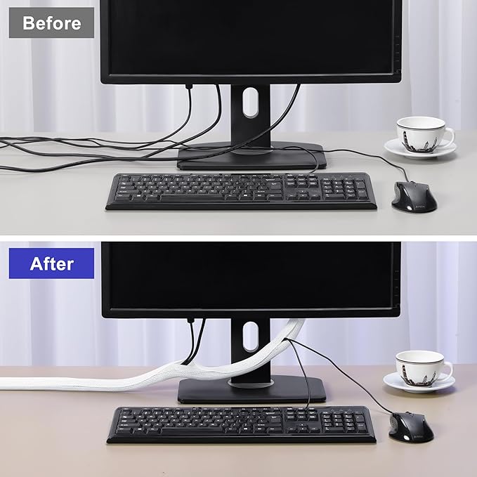 Cable Management Sleeves 1.2in - 2 Pack 4.1ft Split Braided Sleeve White, Hard PE Protectors From Pets, Wire Organizers, Flexible Wrap for Computer Cord Management