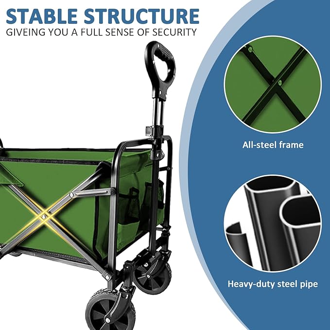 Collapsible Utility Cart Folding Wagon, 220 lbs Capacity Lightweight Rolling Cart with Quiet Wheels, Quick-Fold Design for Camping, Shopping, Ourdoor Use, Green