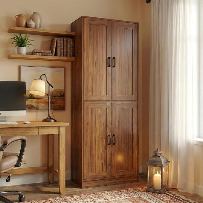 71" Tall Kitchen Pantry Cabinet, Freestanding Food Storage Organizer with Doors & Adjustable Shelves, Large Utility Hutch Cupboard for Dining Room, Living Room, Bathroom & Home Office, Brown