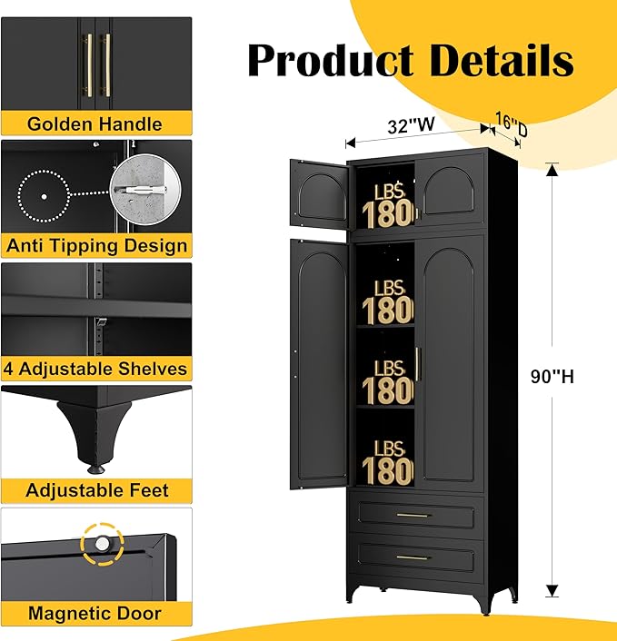 Kitchen Pantry Cabinet，90" Storage Cabinets with Doors and Shelves,Metal Pantry Cabinet with 2 Drawers,White Kitchen Cupboard for Livingroom,Pantry, Bathroom