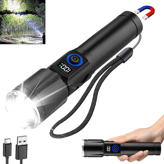Magnetic Flashlights High Lumens Rechargeable, 990,000L High Lumens Super Bright LED Tactical Handheld Flash Light with 5 Modes, USB C, Zoomable Beam, Digital Power Display, IP76 Waterproof