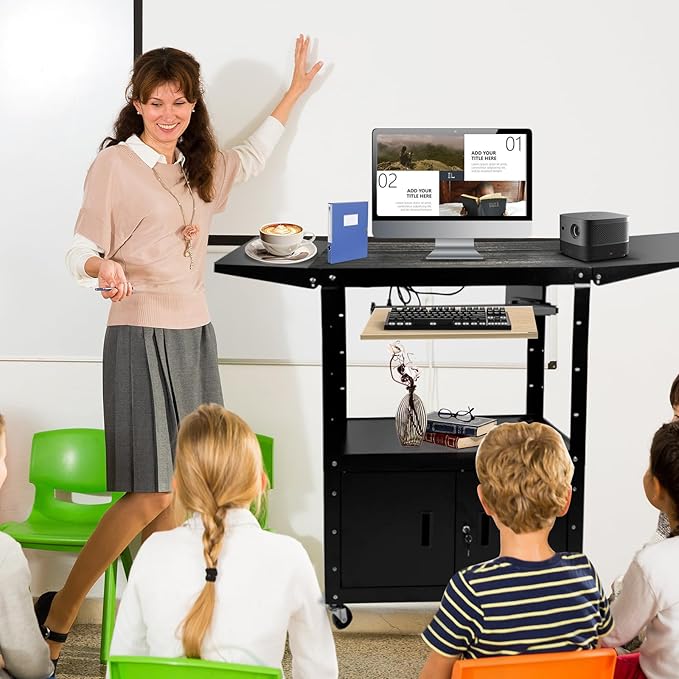Large Steel AV Cart With Locking Cabinet and Pullout Keyboard Tray, Adjustable-Height Rolling Media Cart With Wheels & Power (54"x18"x43")