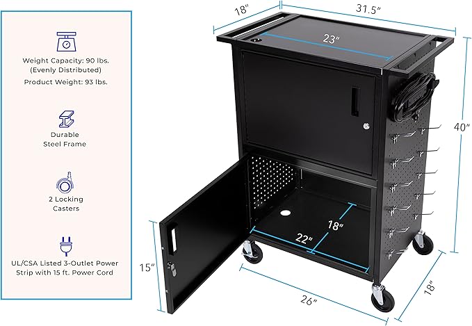 Line Leader Stellar AV Cart - Computer Cart with Customizable Pegboard & Hooks, Dual Locking Cabinets, UL Certified Power, Mobile Workstation with Locking Wheels, Ideal for Laptop & Charger Storage