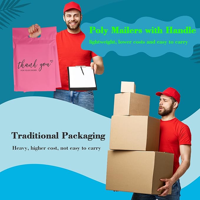 JinRuiKJ Poly Mailers with Handle 10x13 Inch 100 Pcs, Easy to Carry Packaging Bags for Small Business, Thank You Shipping Bags with Self Adhesive Strip, Tearproof and Waterproof - Pink
