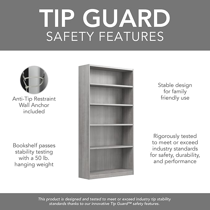 Bush Furniture Universal Tall 5 Shelf Bookcase in Platinum Gray, Vertical Storage and Display Bookshelf for Home Office or Living Room Organization