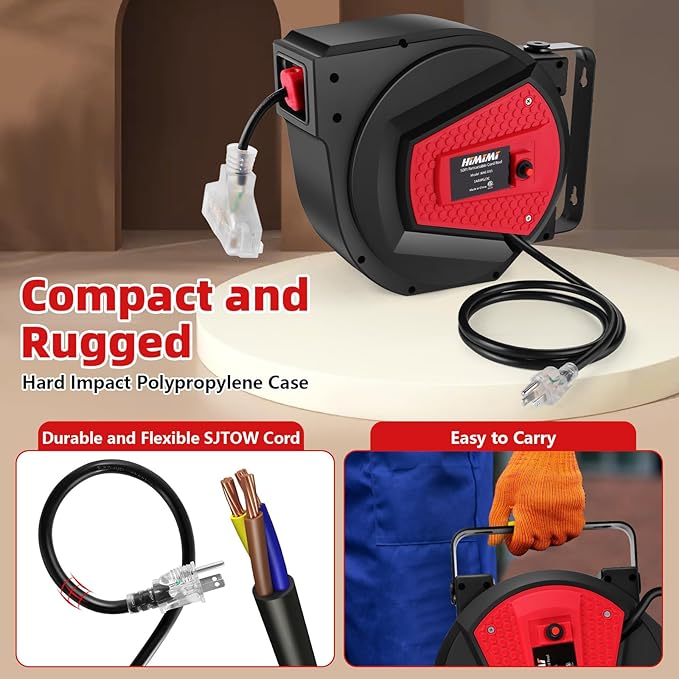 Himimi Retractable Extension Cord Reel, 50FT 14AWG/3C Power Cord Reel for Garage Workshop, Wall/Ceiling Mounted Extension Cord Reel, 3-Lighted Triple Outlets, UL Listed, 13A Circuit Breaker