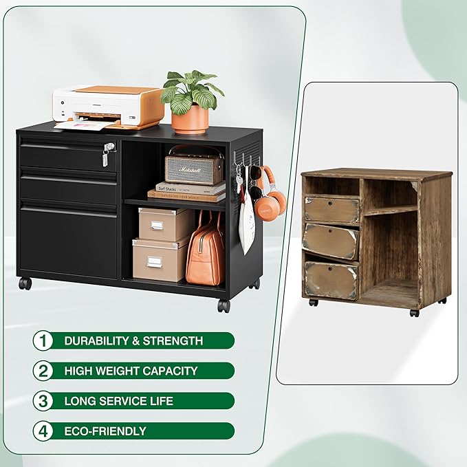 3 Drawer File Cabinet with Lock,Mobile Lateral Filing Cabinet,Metal Printer Stand Storage Cabinets with Shelves for Home Office(Black)