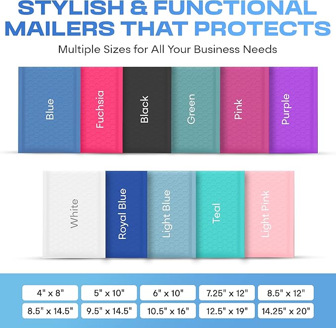 Light Blue 10.5x16 Inch Large Poly Bubble Mailers #5 | Padded Envelopes with Self Seal | Air Lined Cushioned Bubble Mailer | Usable Size 10.5x15 | 200 Pack Bulk | Lightweight shipping Bags