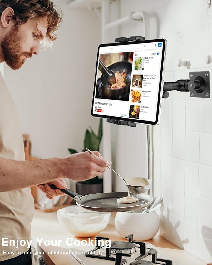 woleyi Tablet Wall Mount for iPad - [360° Adjustable Arm] Tablet Holder Stand for Kitchen Cabinet, Under Counter, Desk, for 4-13" Device iPad Pro, Air, Mini, Phone, Galaxy Tab, Z Fold, Fire HD, Switch