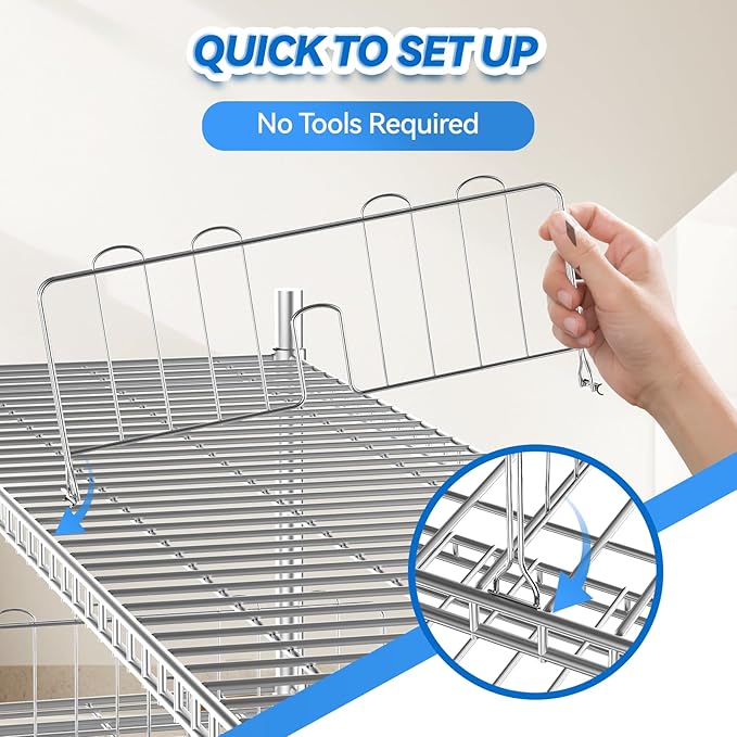 6 Pcs 18" W x 8" H Chrome Plated Steel Wire Shelf Divider, No Tool Metal Shelf Dividers for Wire Shelves for Kitchen, Bathroom, Pantry, Office Storage, Silver